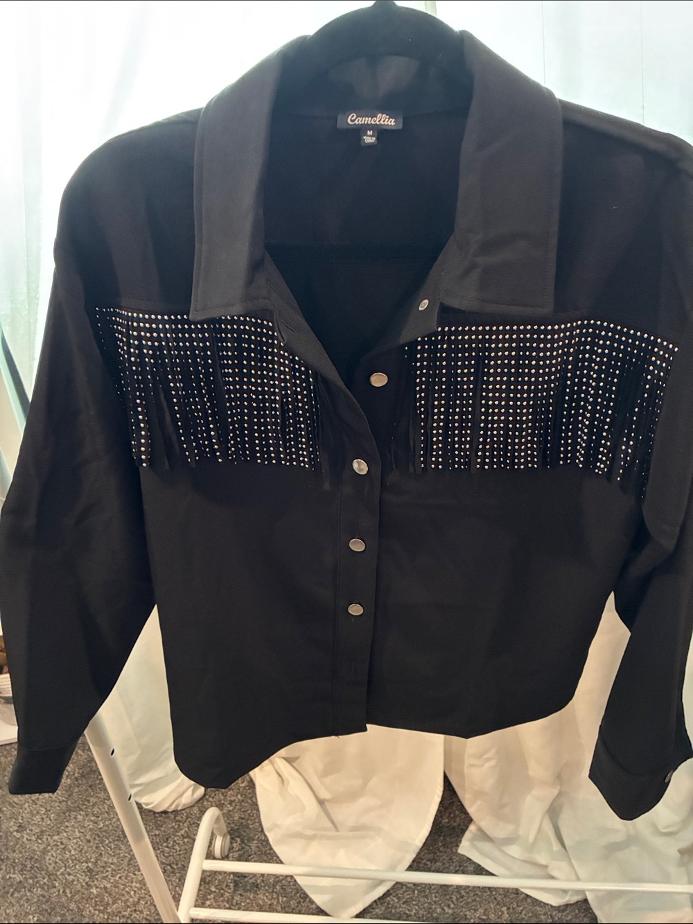 Camellia Black Studded Fringe Button-Down Shirt